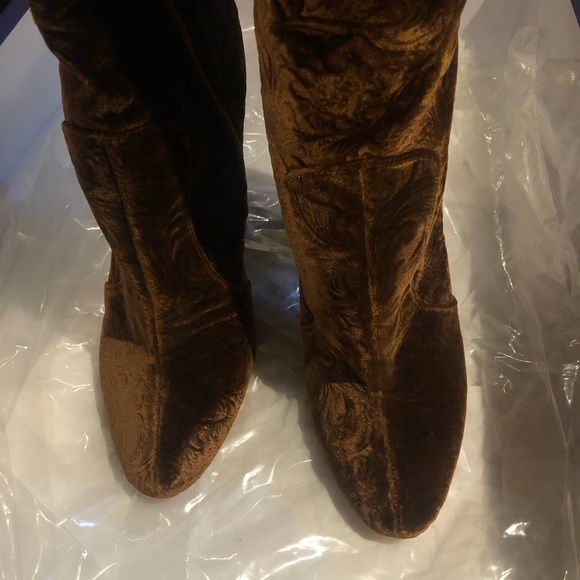 AQUAZZURA Over The Knee Thigh High Brown Velvet Brocade Block Heel Boho Boot - Picture 2 of 10